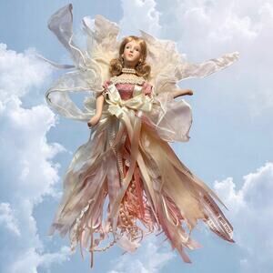 VTG Porcelain Angel Christmas Ornament Cream Pink Pearl Lace Feathers Ribbon 12”